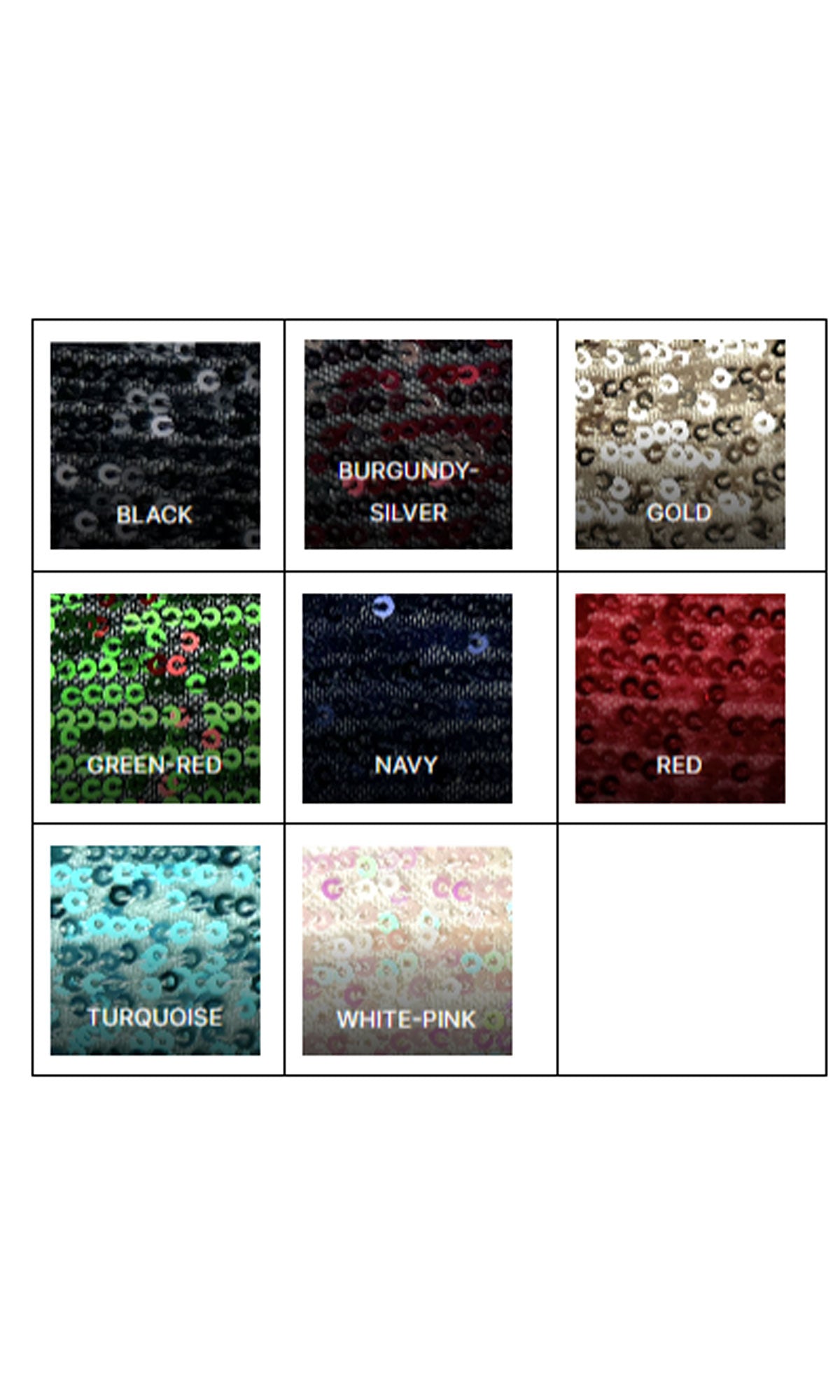 Grid of nine sequin fabric swatches for the One-Shoulder Short Sequin Homecoming Dress 993, labeled: black, burgundy-silver, gold, green-red, navy, red, turquoise, white-pink. Perfect for a sparkling party or homecoming look.